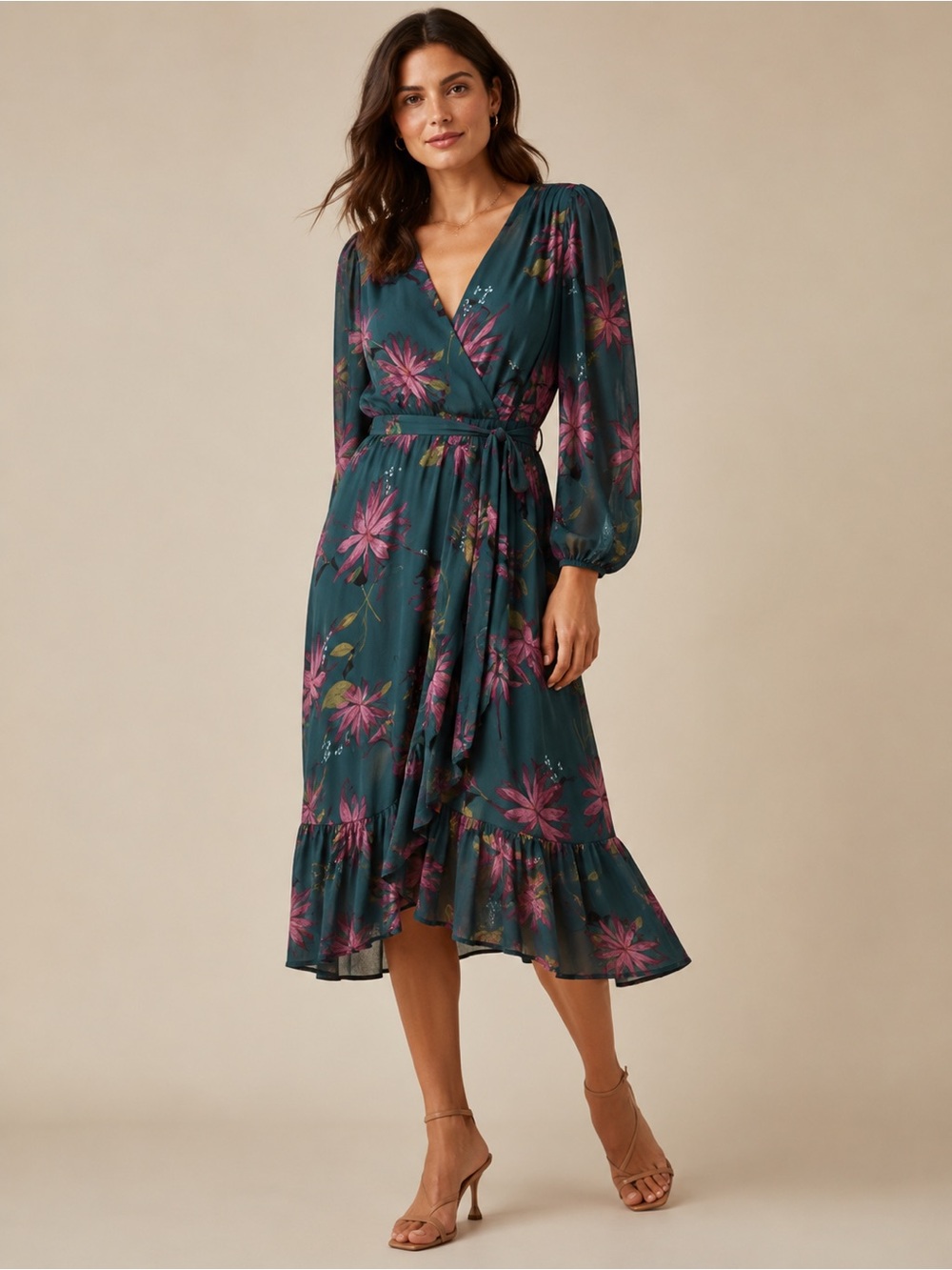 Ava & Viv 1X Green Floral Maxi Dress Ruffle Belt Wrap Bodice Chiffon Sheer